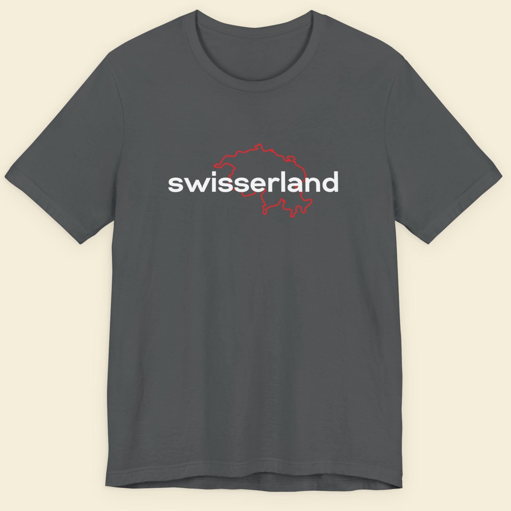 Gray t-shirt with 'swisserland' text and red outline on a beige background.