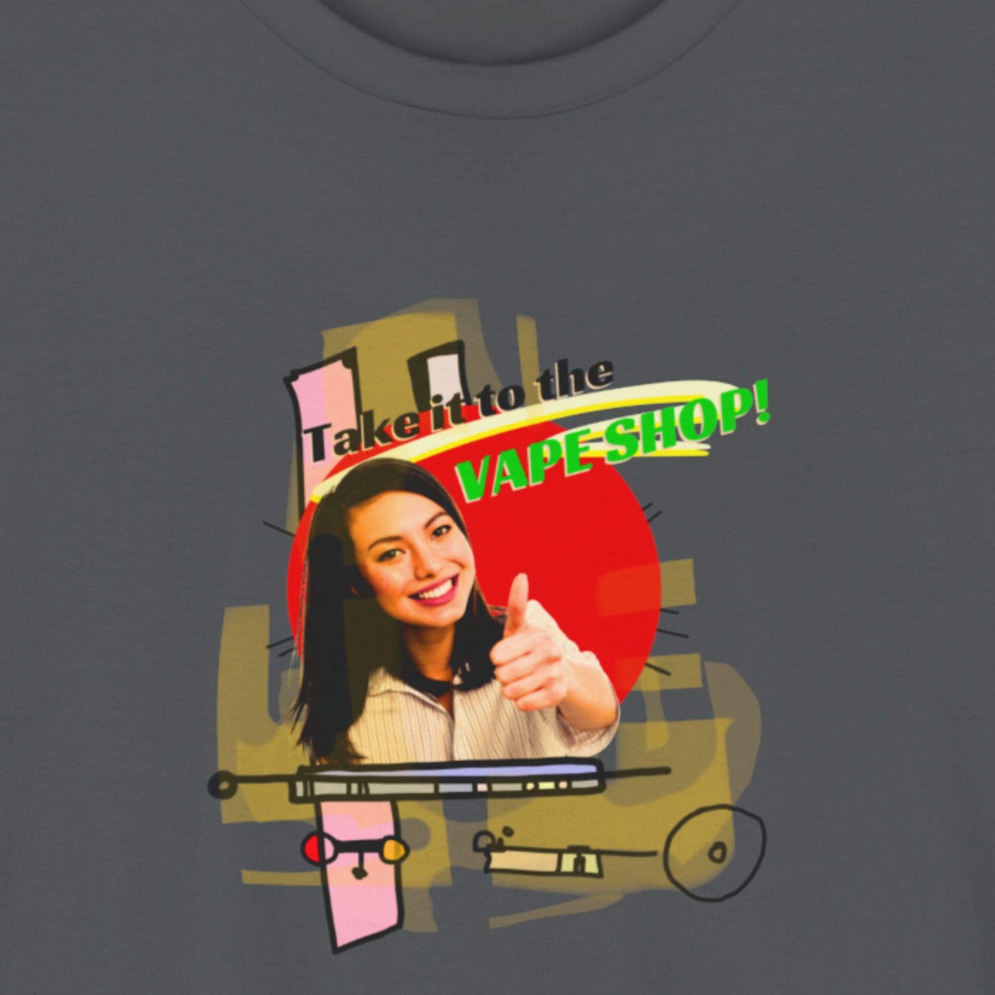 T-shirt with a graphic of a person giving a thumbs up and text 'Take it to the Vape Shop!' on a dark background.