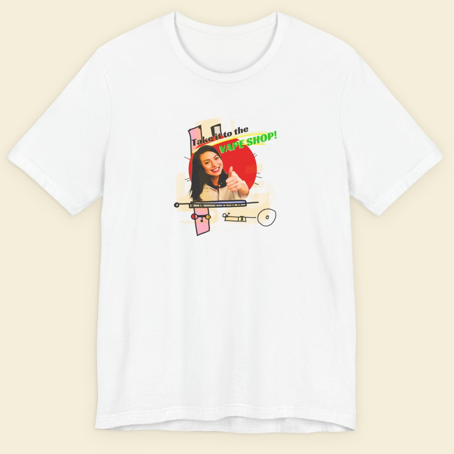White t-shirt with a graphic design on a beige background.