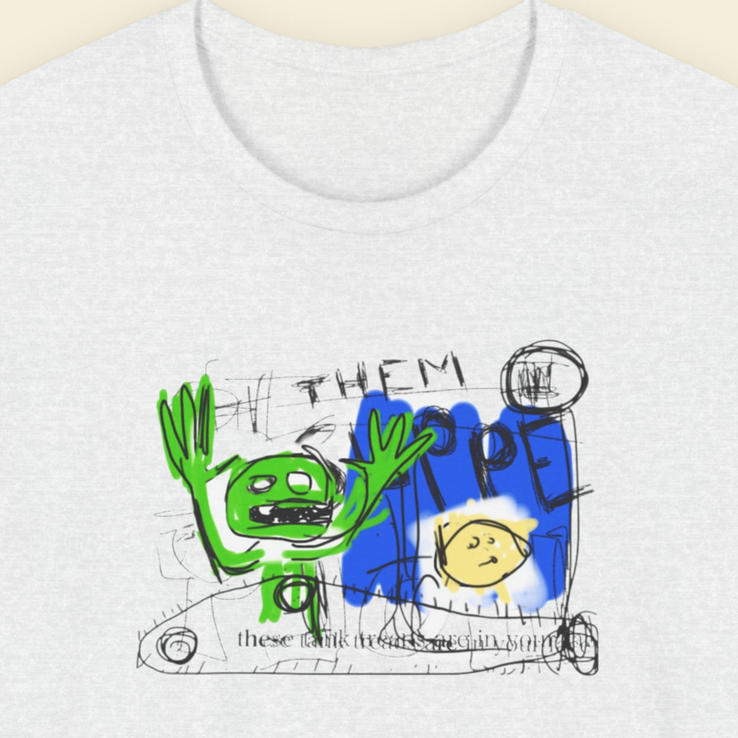 Ash grey t-shirt with colorful graphic design on a plain background.