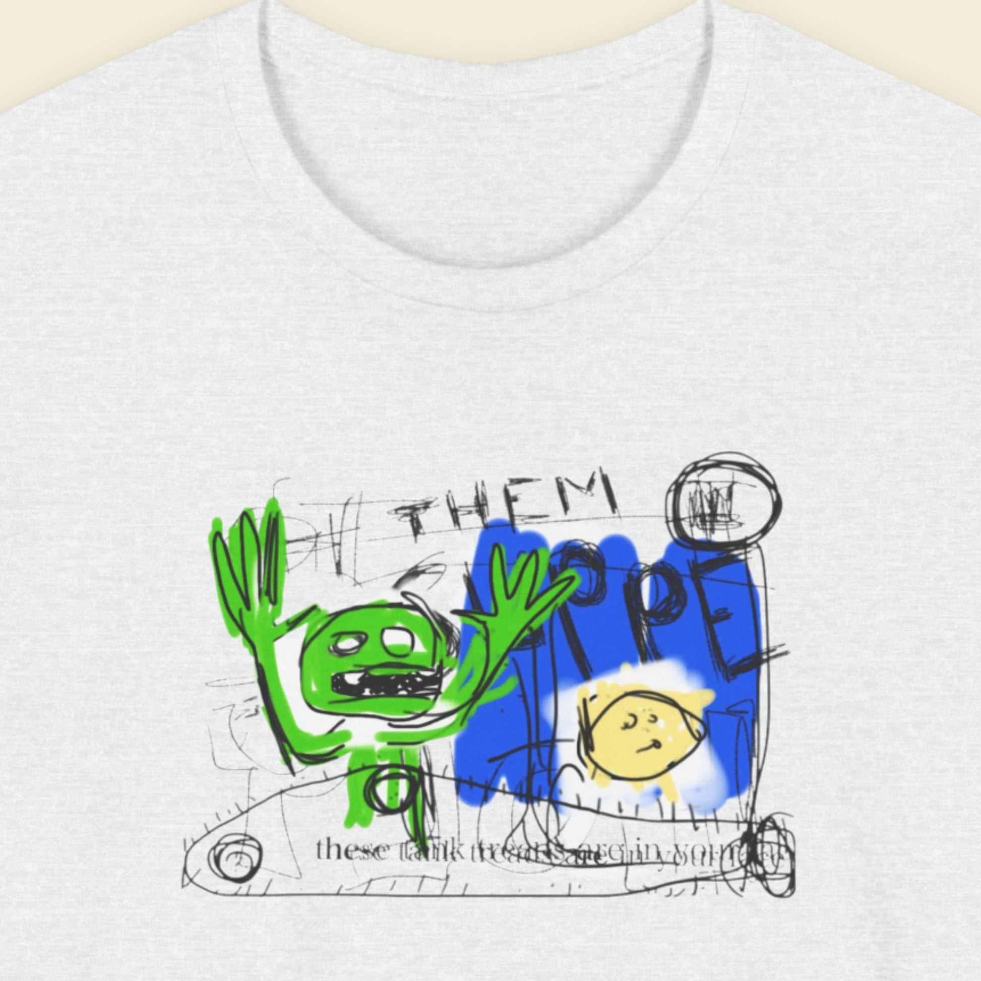 Ash grey t-shirt with colorful graphic design on a plain background.