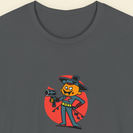 Grey t-shirt with a fun, colorful cartoon hair dresser illustration on a beige background.