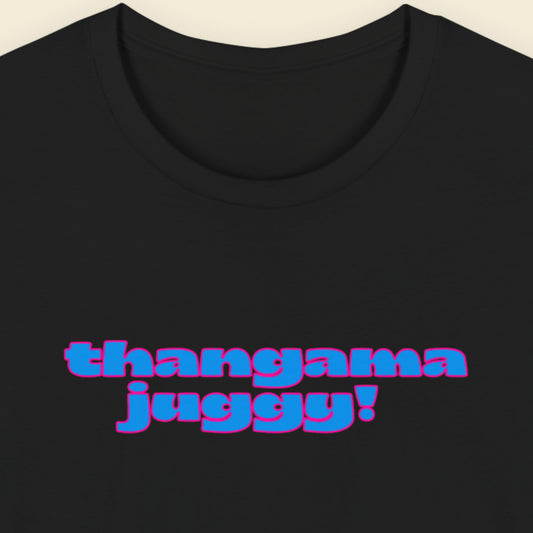 Black t-shirt with humorous colorful text on a beige background.