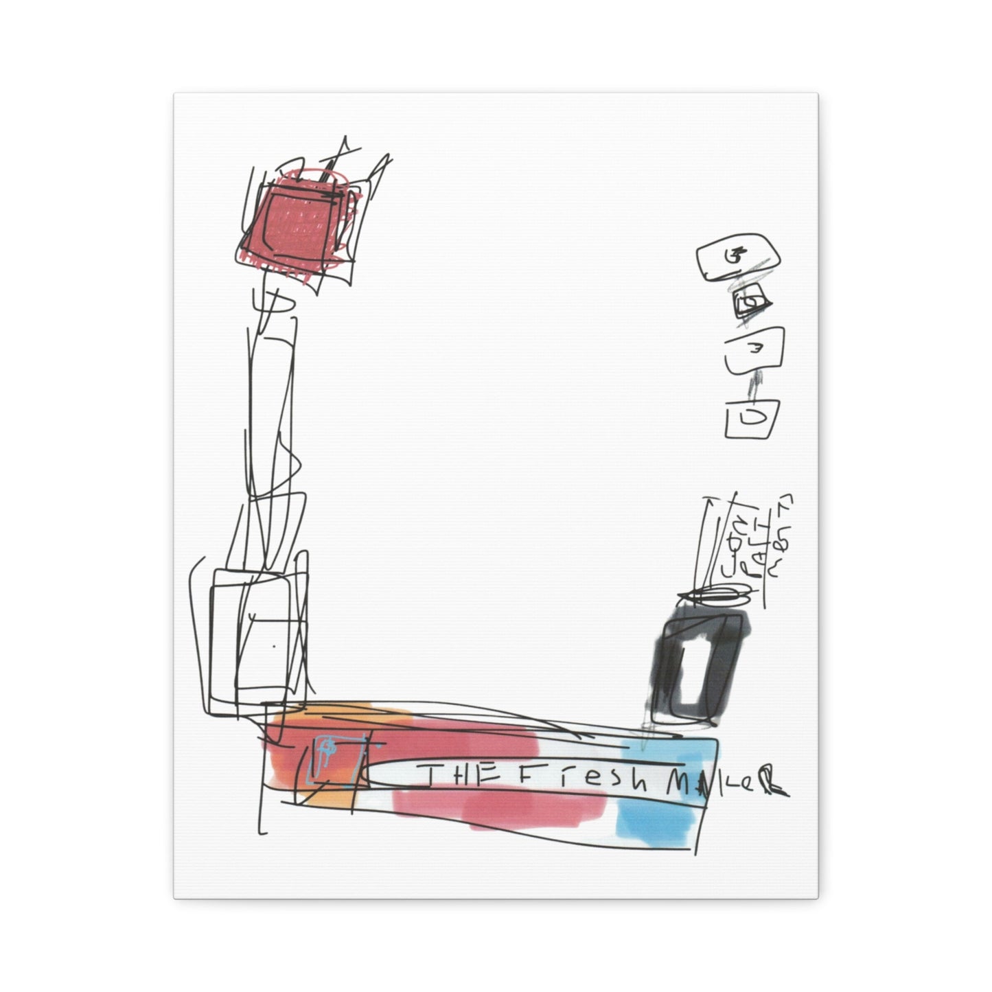 Abstract art piece with colorful elements and text on a white background.