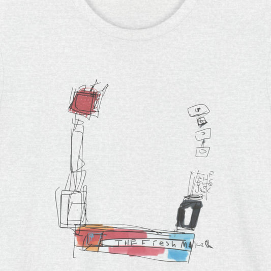 Ash grey t-shirt with a colorful abstract drawing.
