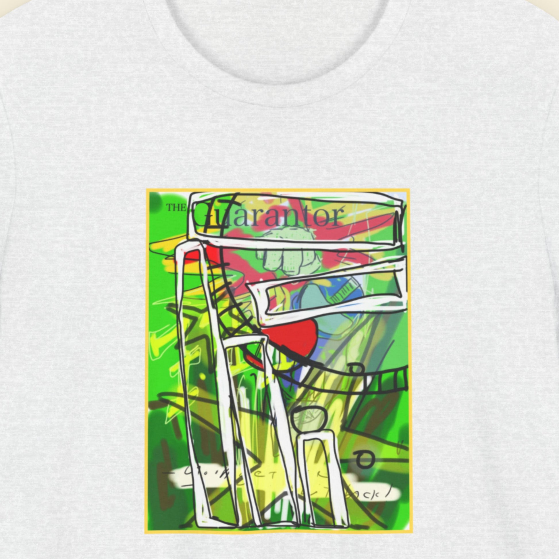 Ash grey t-shirt with a colorful abstract drawing on a beige background.
