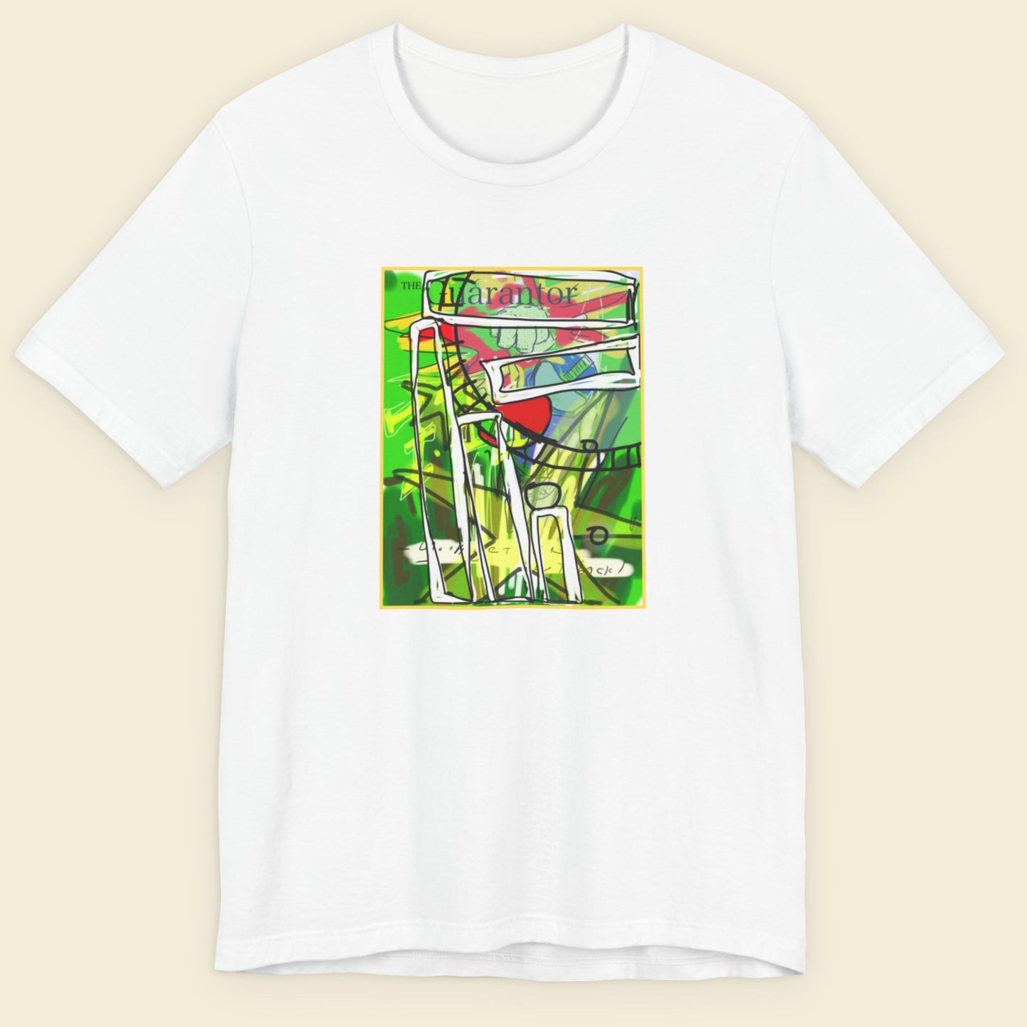 White t-shirt with a colorful graphic design on a beige background.