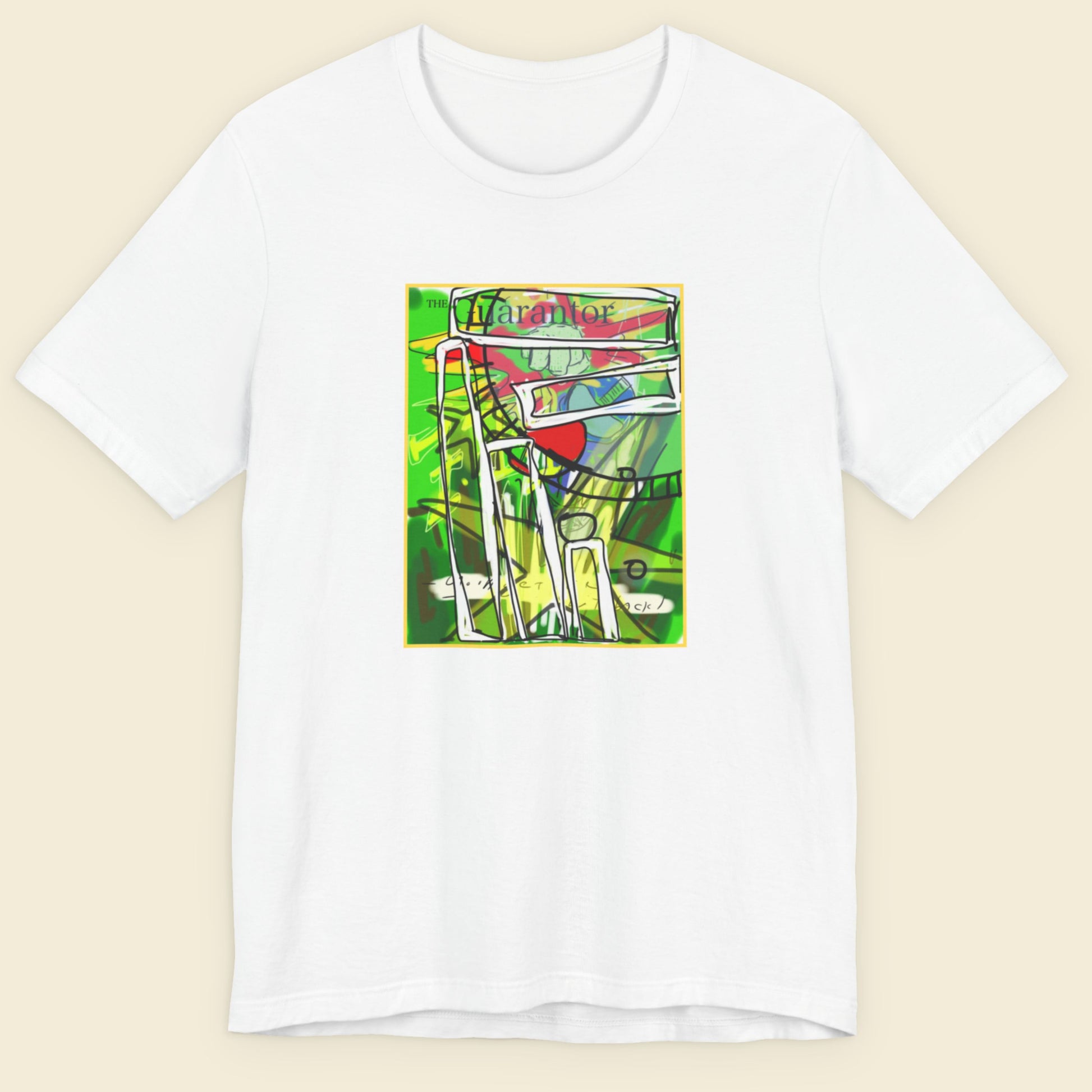 White t-shirt with a colorful graphic design on a beige background.