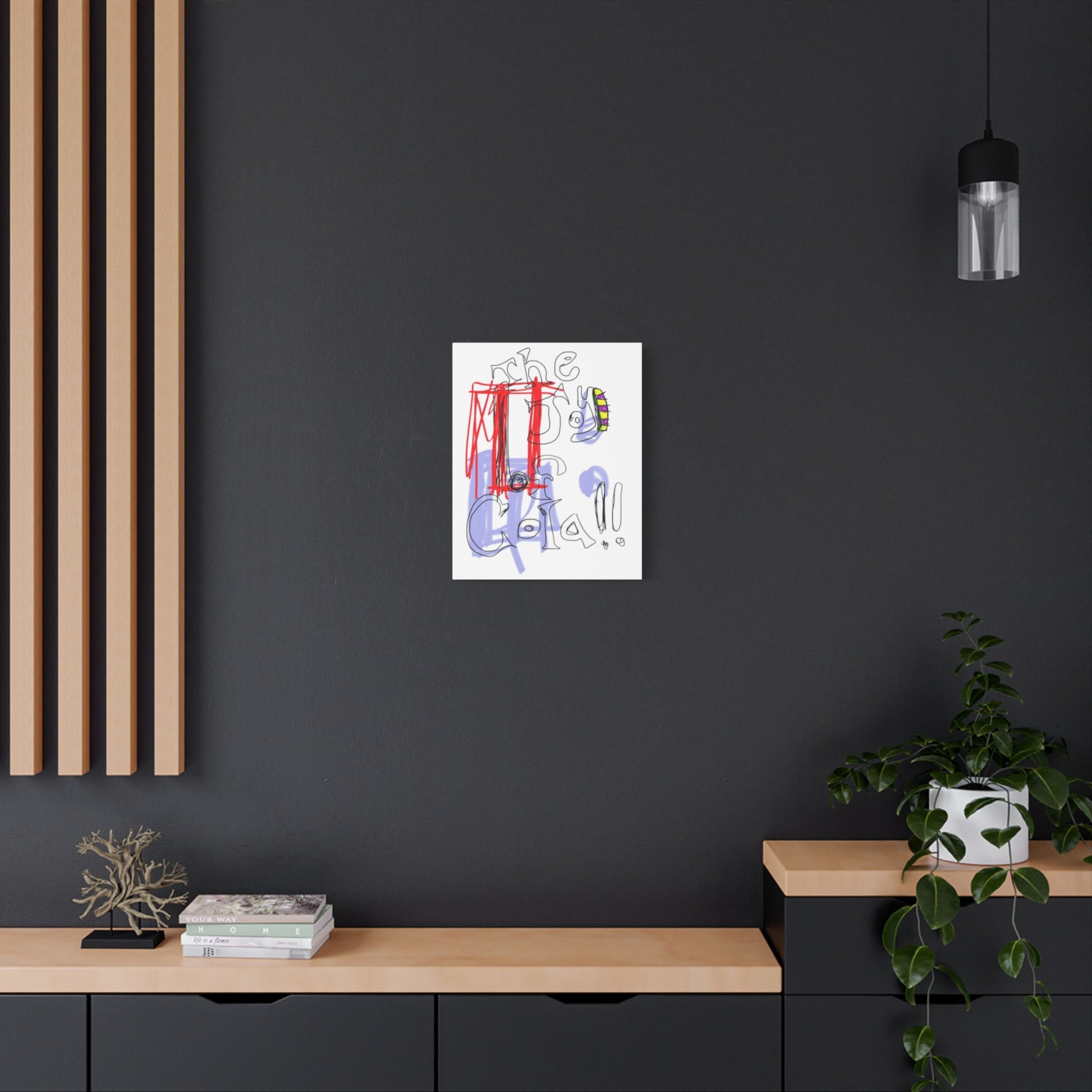 Modern interior with a dark wall, wooden shelf, and abstract painting.