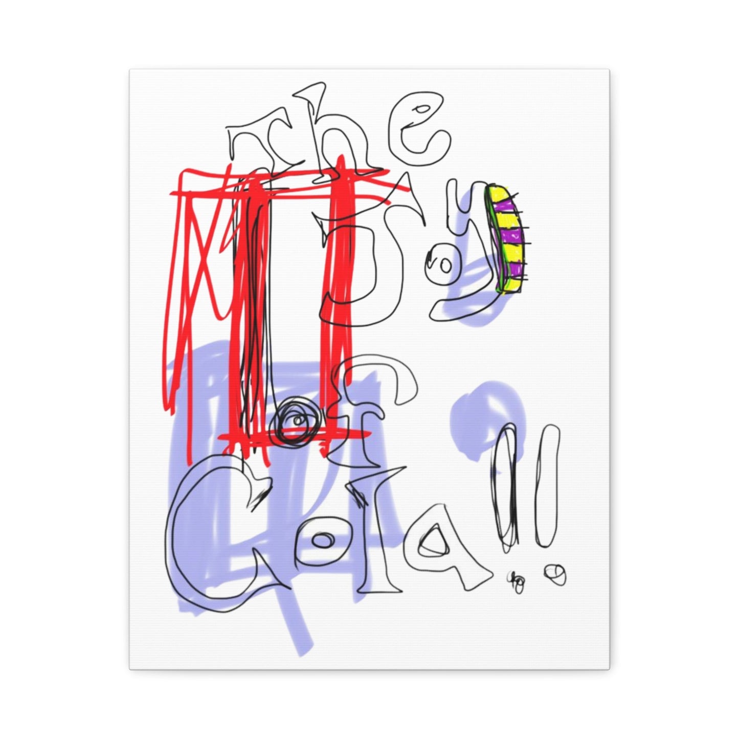 Abstract art print with colorful text and shapes on a white background.