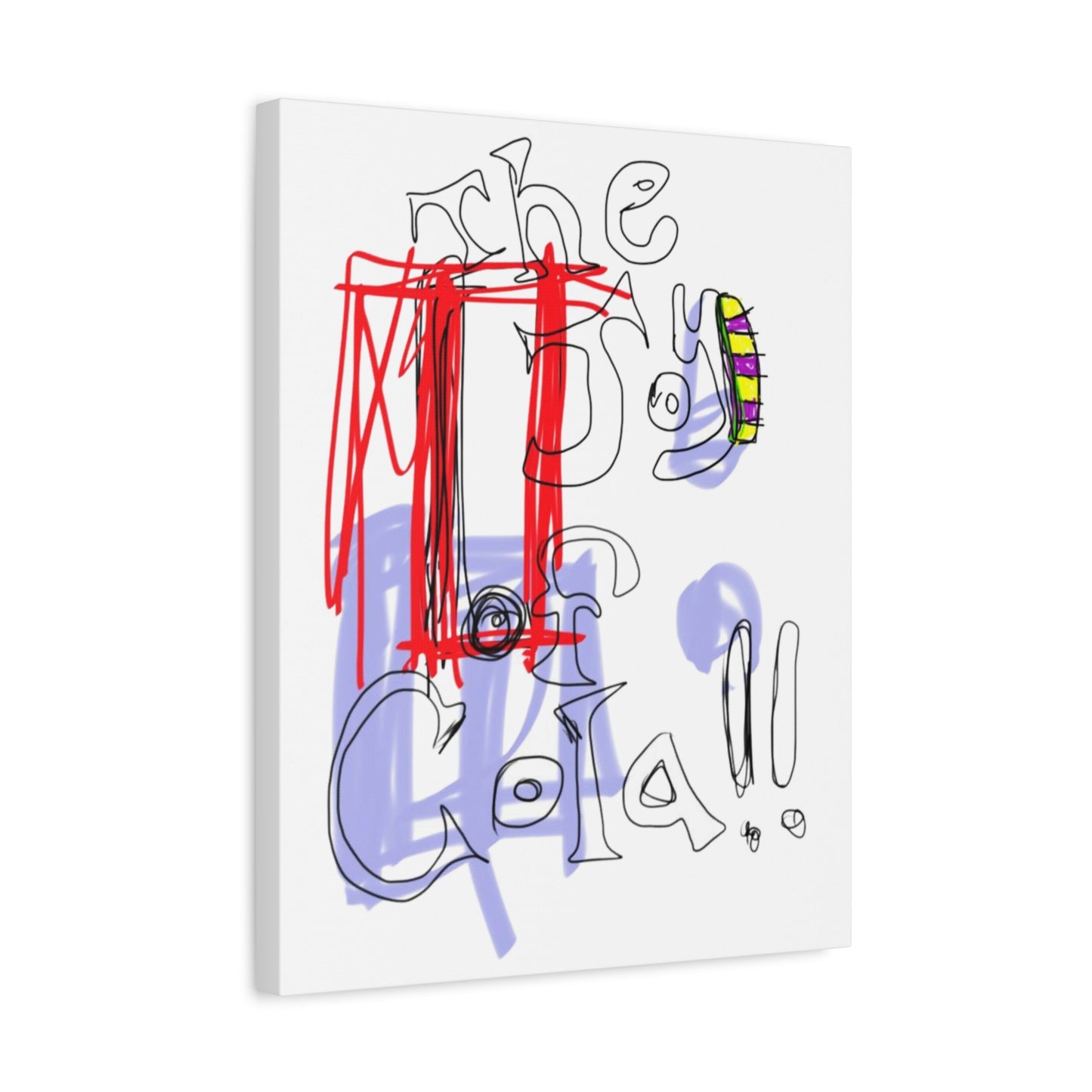 Angled view of an abstract artwork with colorful text and shapes on a white background.