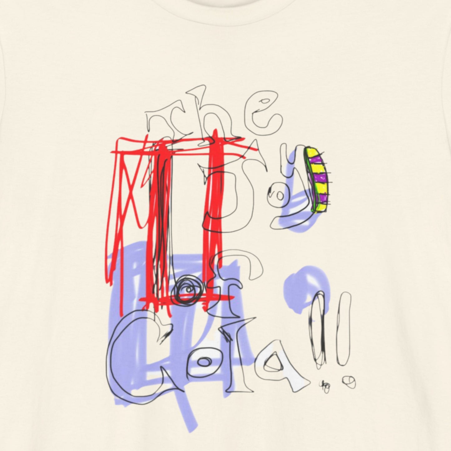 Off-White t-shirt with an abstract design with colorful text and shapes on a beige background.