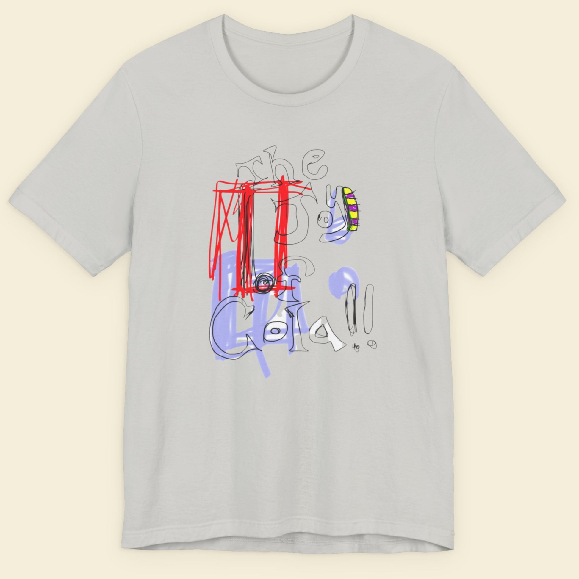 Gray t-shirt with colorful text and graphics on a beige background.