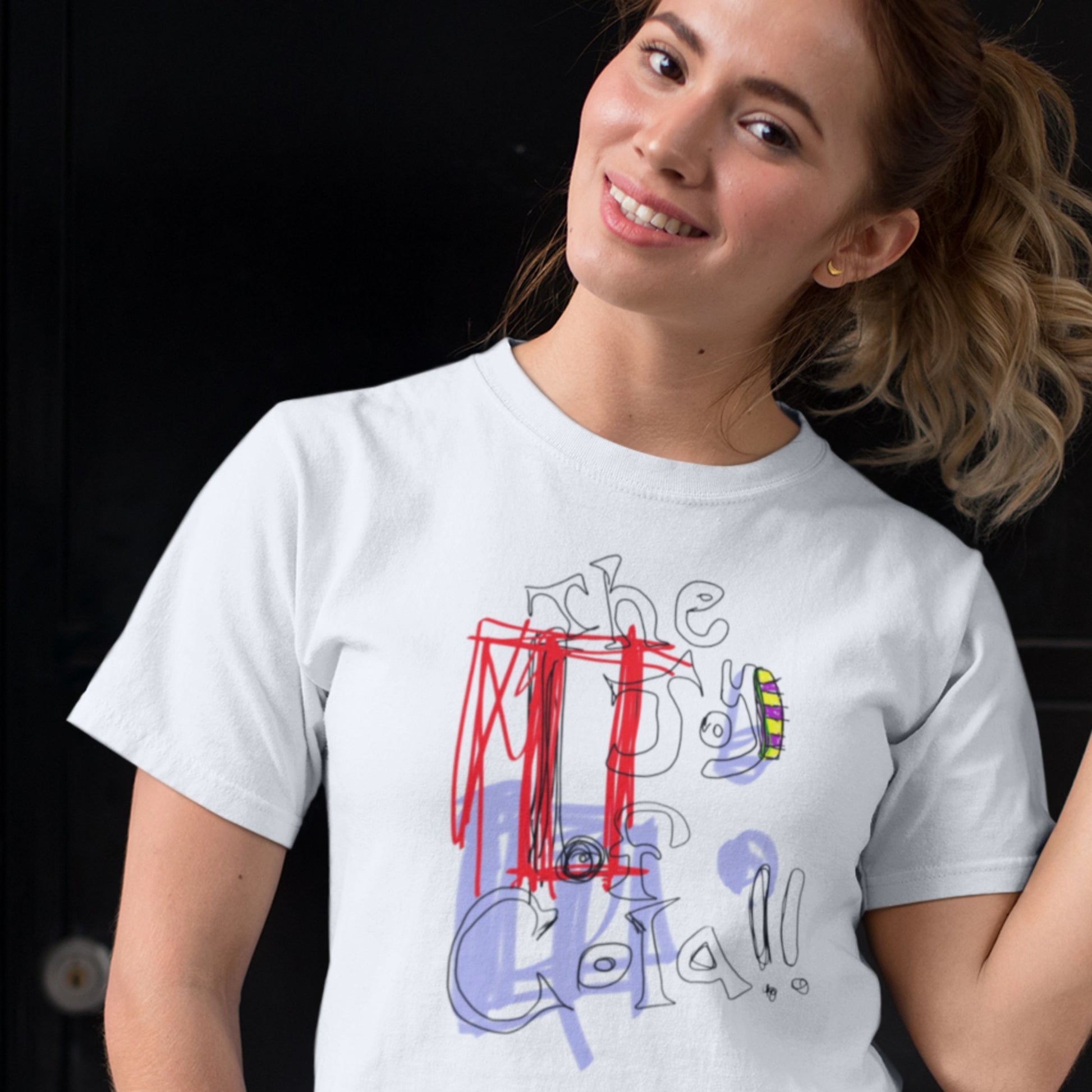 Woman wearing a white t-shirt with colorful graphics and text.