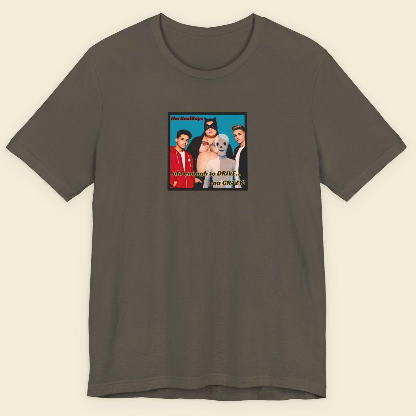 Gray t-shirt with a graphic design on a beige background.