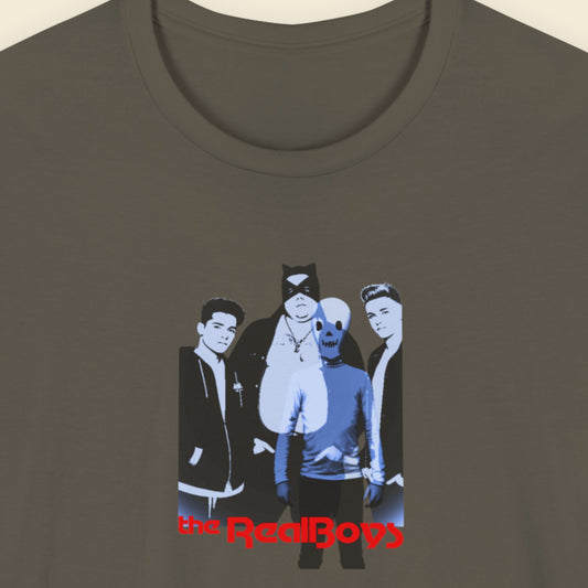T-shirt with graphic of four people and 'the RealBoys' text on a plain background.