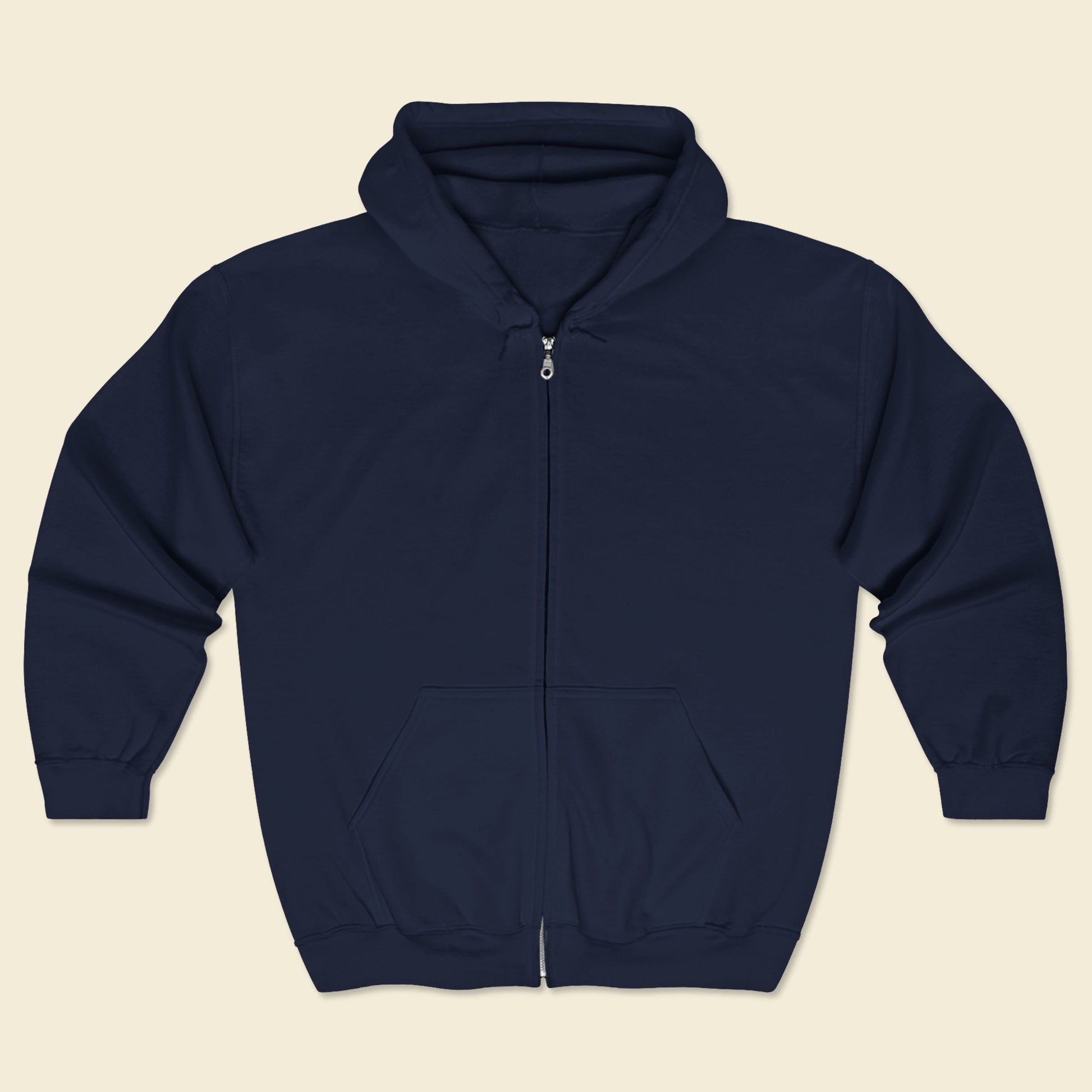 Navy blue hoodie on a beige background.