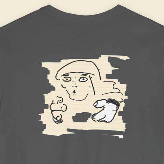 Dark gray t-shirt with a graphic design of a face on the back.