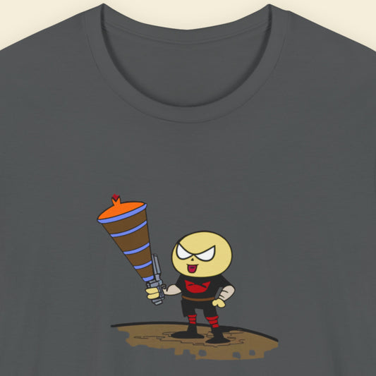 Dark grey t-shirt with a fun, colorful cartoon illustration on a beige background.