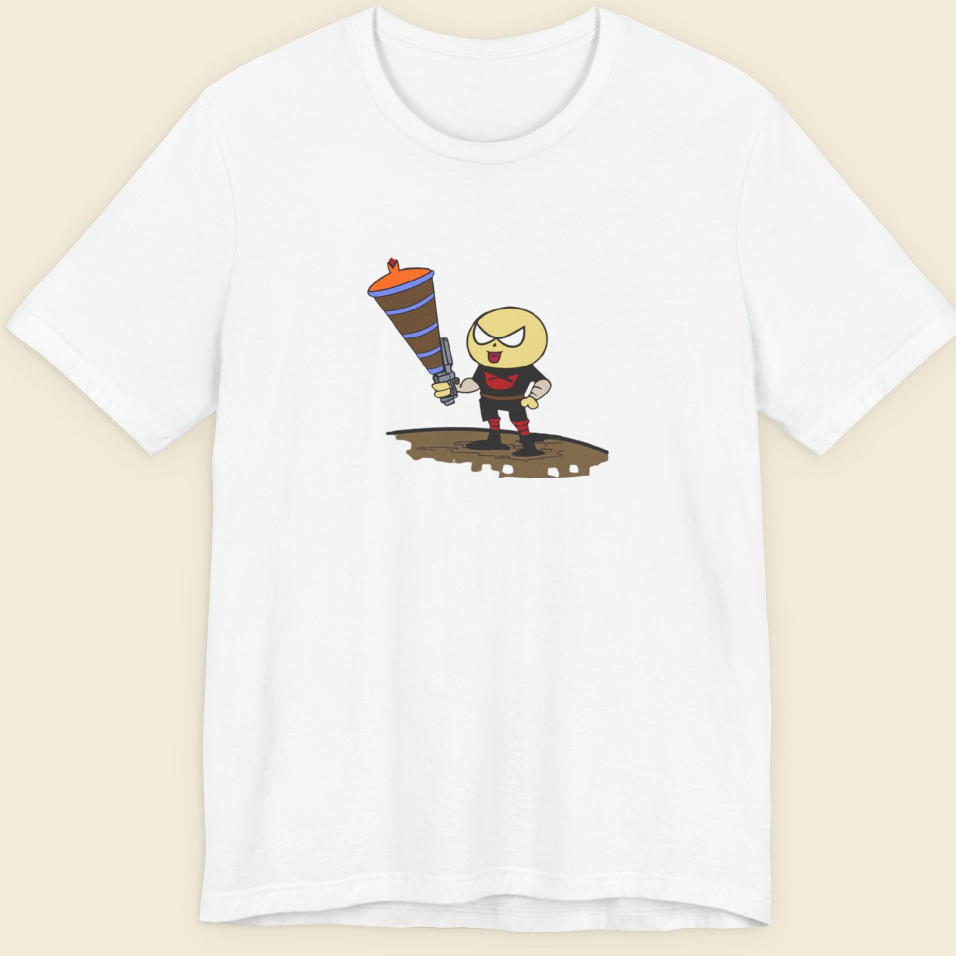 White t-shirt with a fun, colorful cartoon illustration on a beige background.
