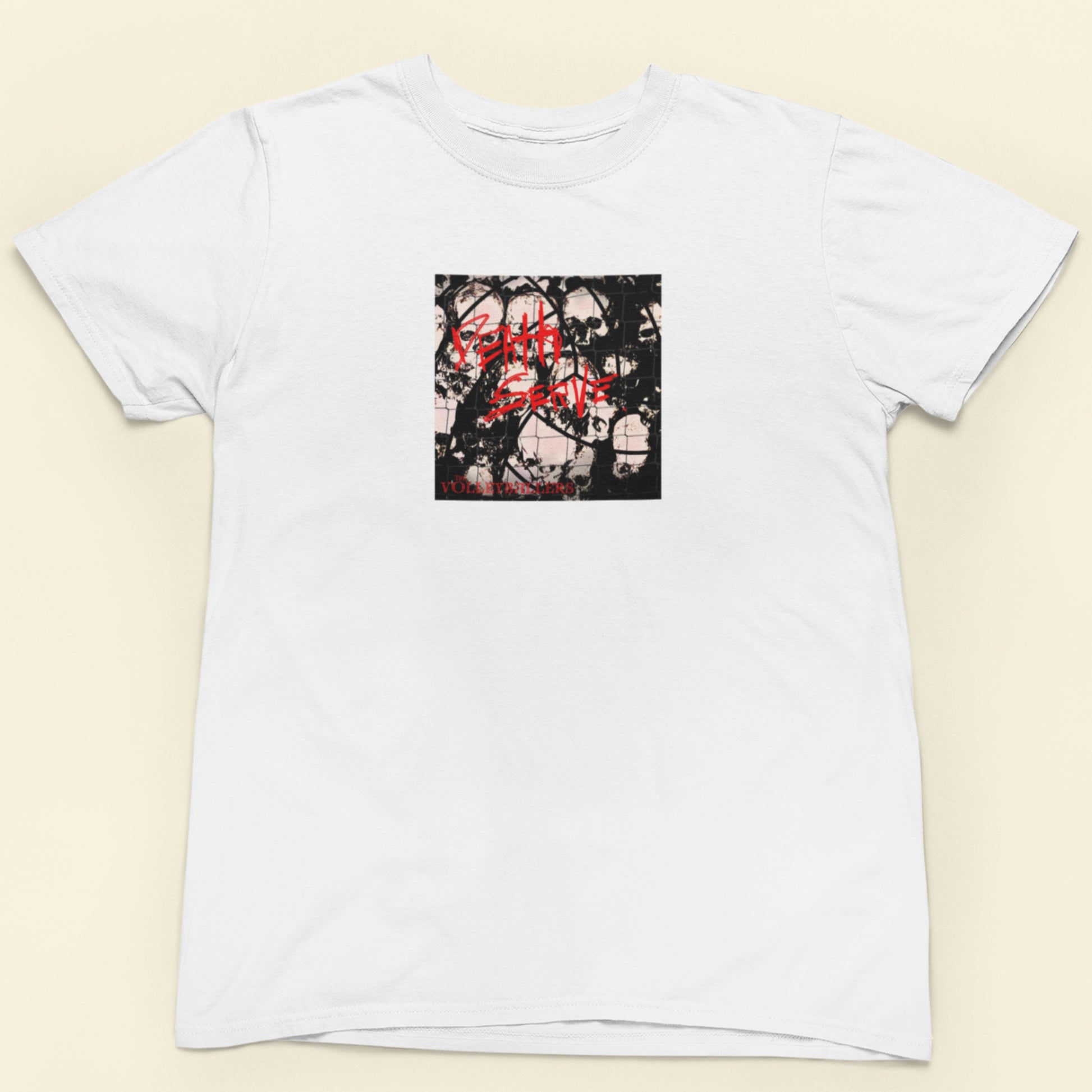 White t-shirt with an image of the Volleyballers album Death Serve