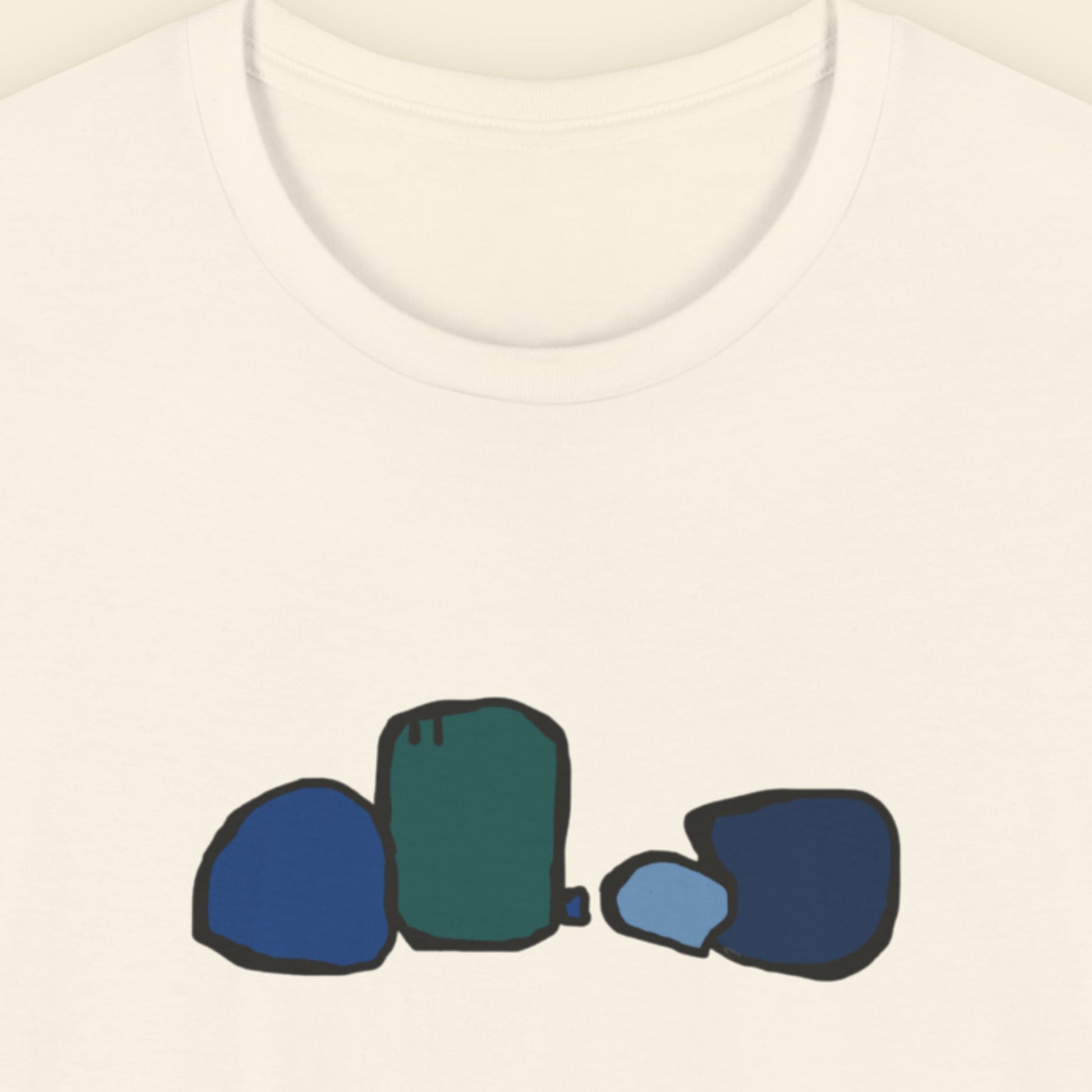 Off-White t-shirt with a drawing of blue rocks on a beige background.