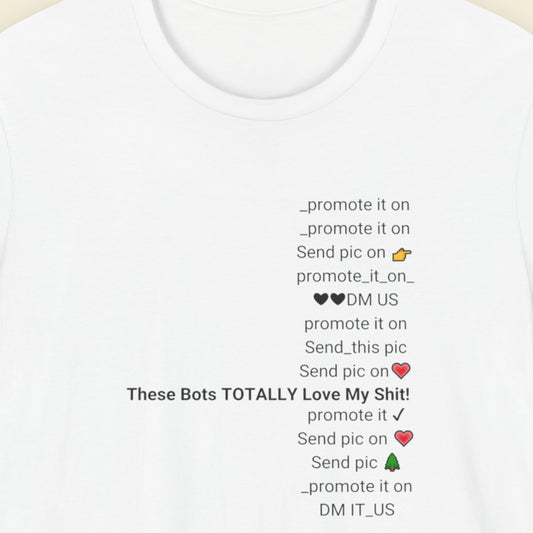 White t-shirt with text and promotional prompts on a beige background.