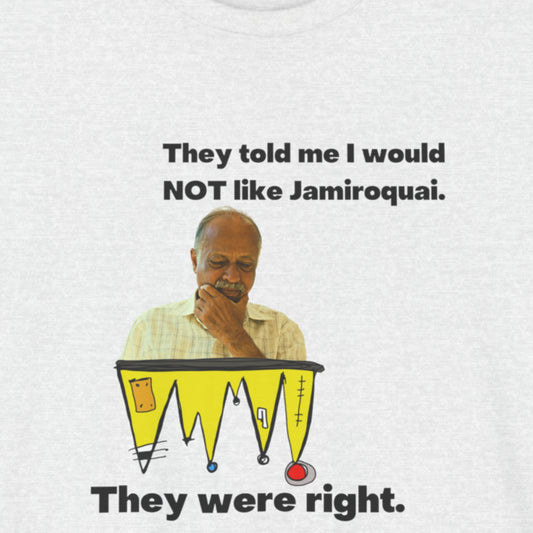 Man with a thinking pose and text about Jamiroquai on a white background.