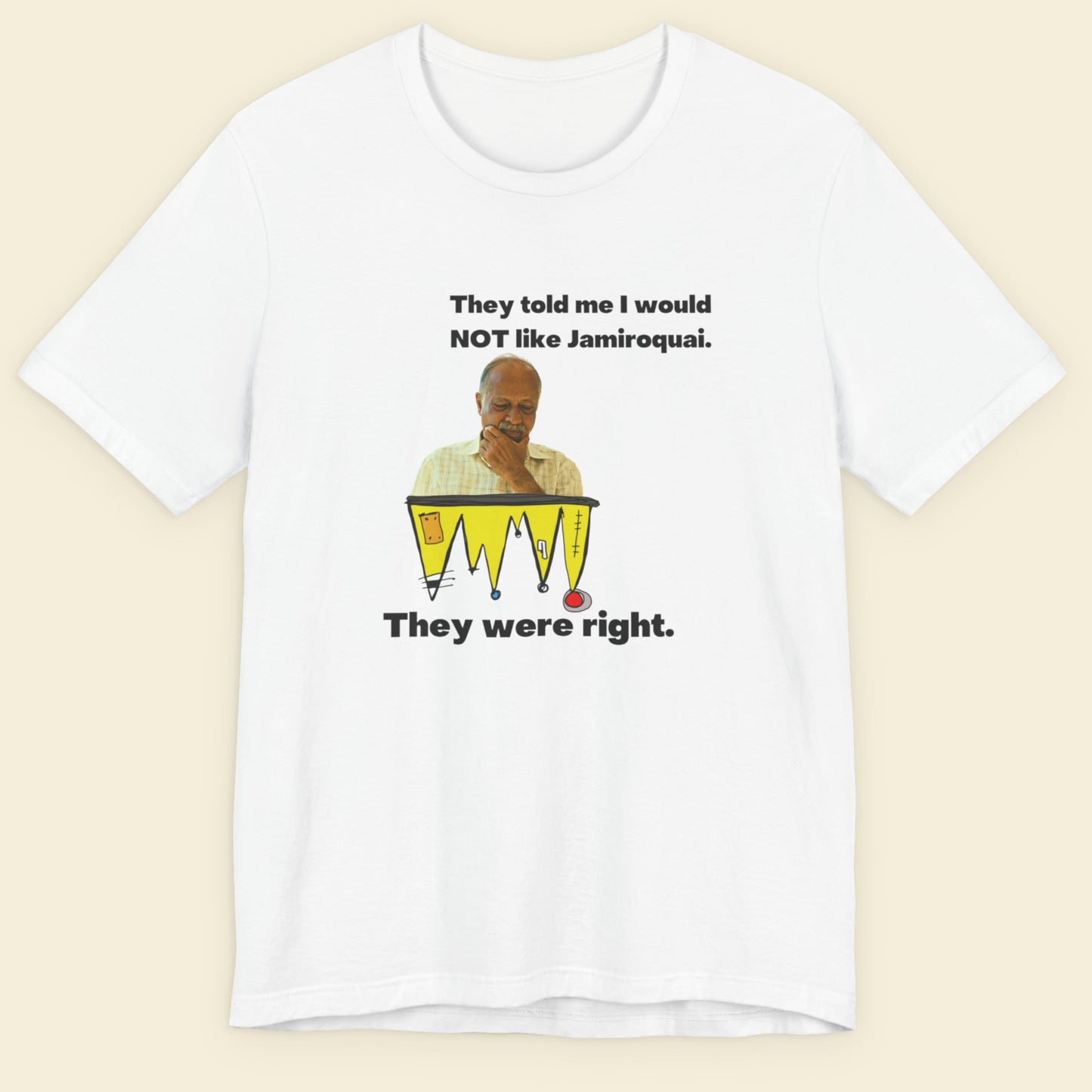 White t-shirt with graphic design and text on a beige background.