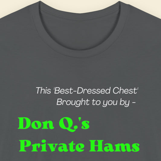 Gray t-shirt with humorous text in green and white on a beige background.