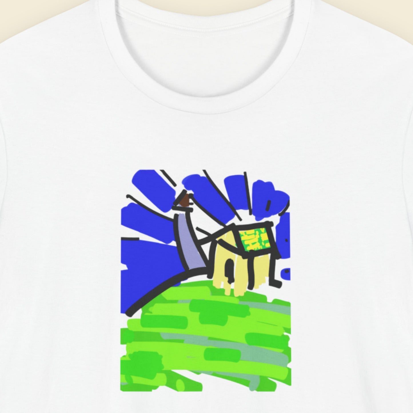 White t-shirt with a colorful graphic design on a plain background.