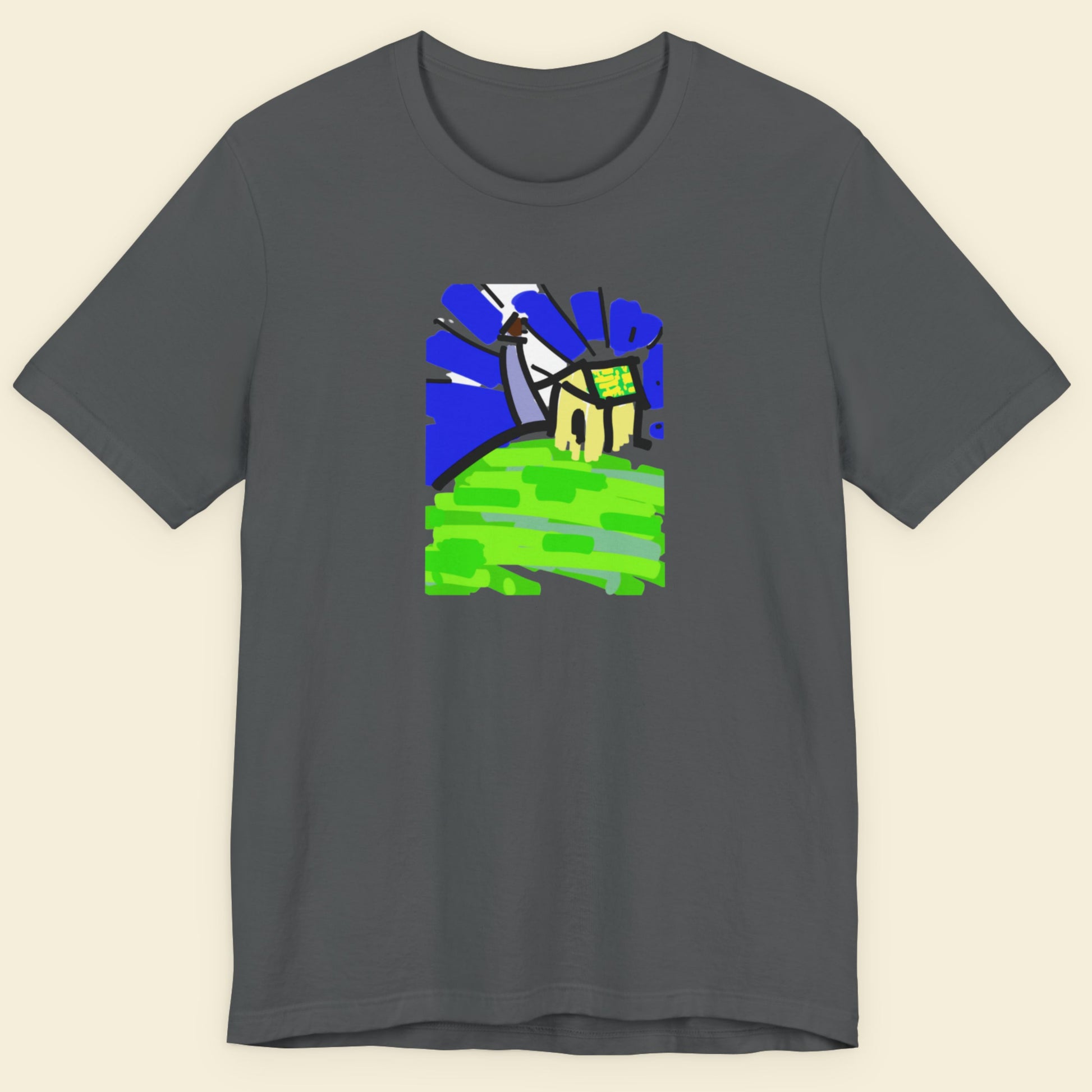 Gray t-shirt with a colorful graphic design on a beige background.