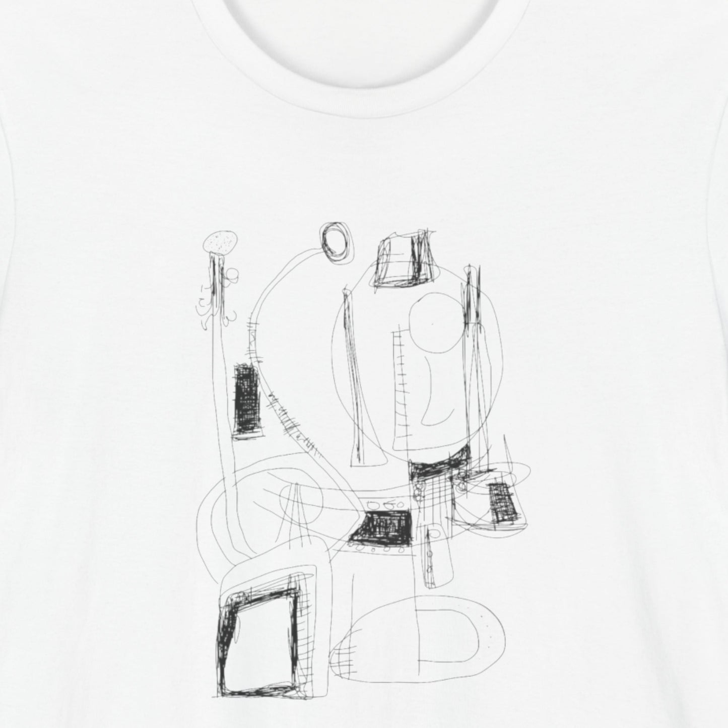 White t-shirt with an abstract black line drawing.