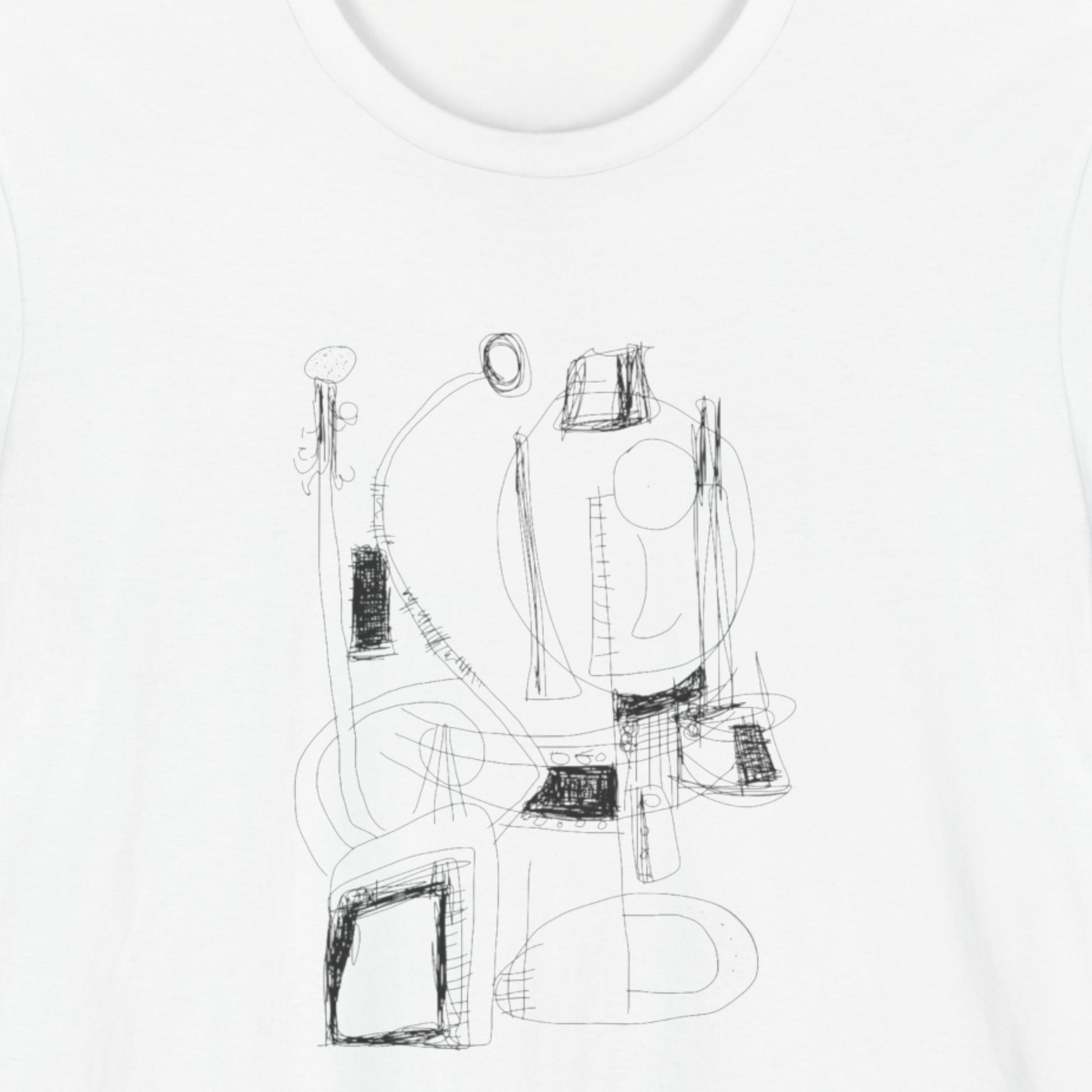 White t-shirt with an abstract black line drawing.