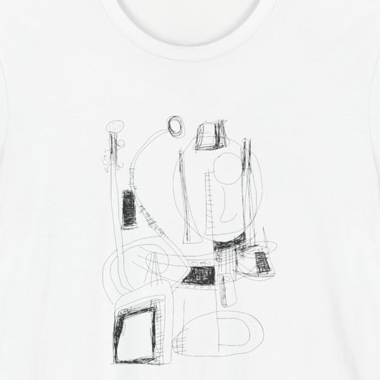 White t-shirt with an abstract black line drawing.