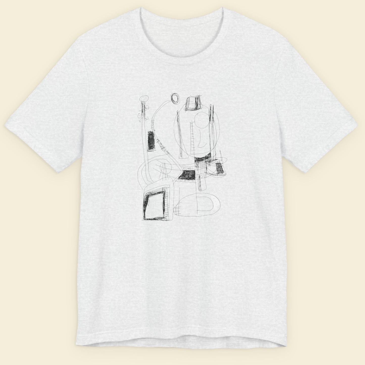 White t-shirt with black graphic design on a beige background.