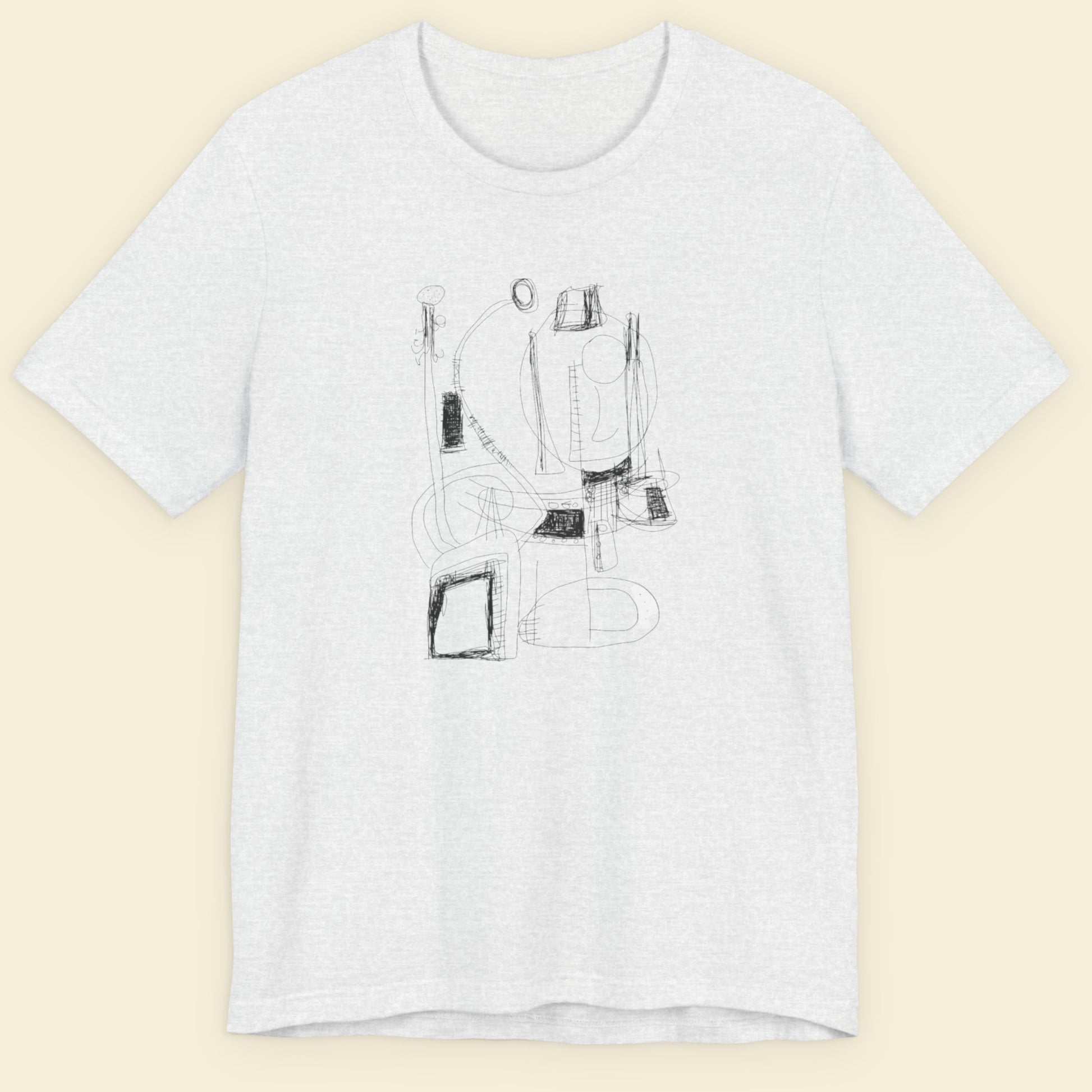 White t-shirt with black graphic design on a beige background.