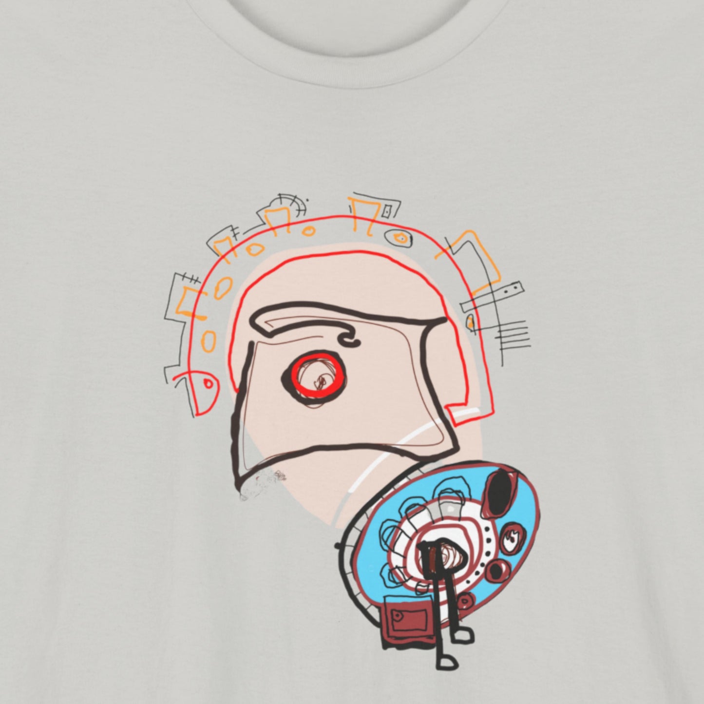 Light grey t-shirt with a colorful abstract drawing.