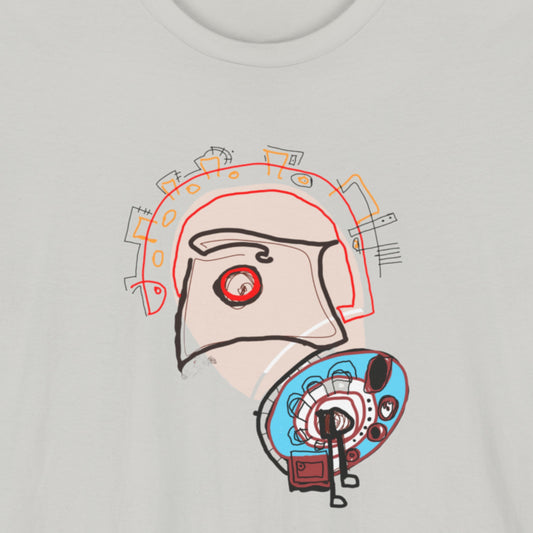 Light grey t-shirt with a colorful abstract drawing.