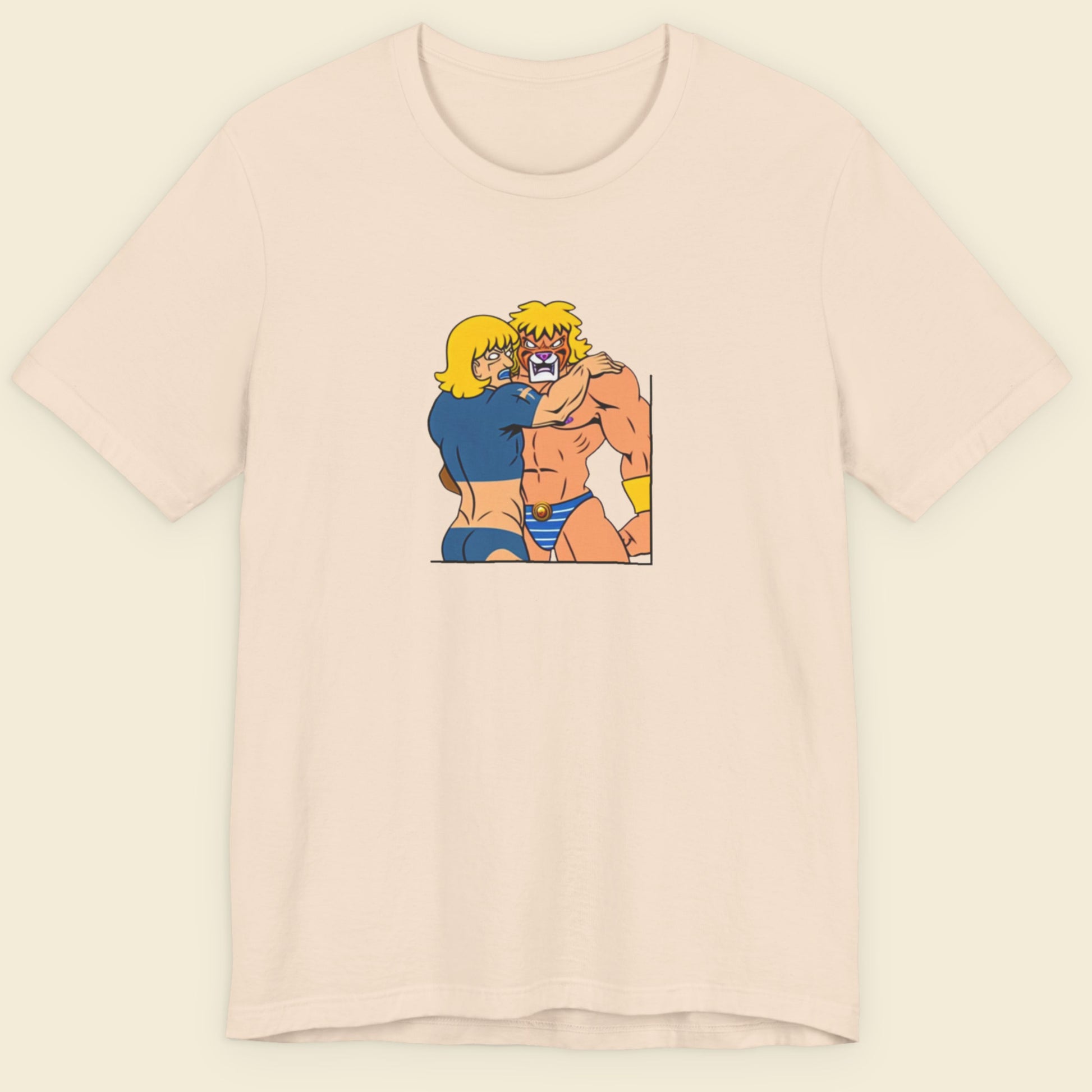 Beige t-shirt with a fun, colorful cartoon illustration on a beige background.