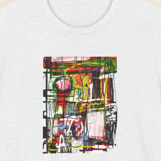 Ash grey t-shirt with a colorful abstract drawing on a beige background.