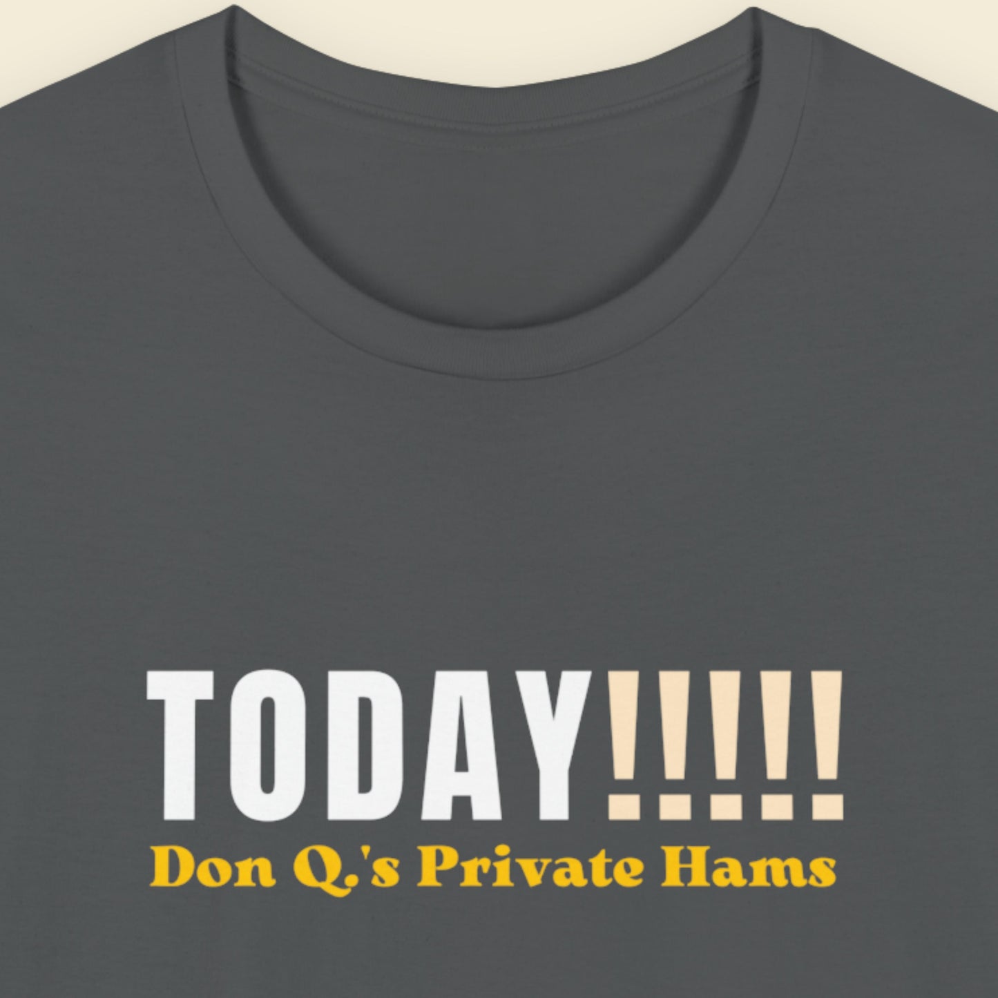 Grey t-shirt with humorous colorful text on a beige background.