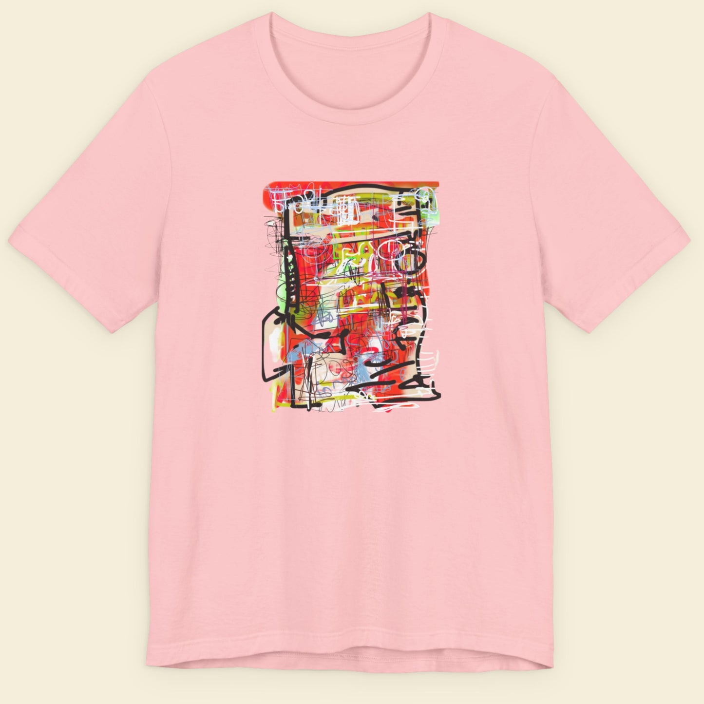 Pink t-shirt with colorful abstract design on a beige background.