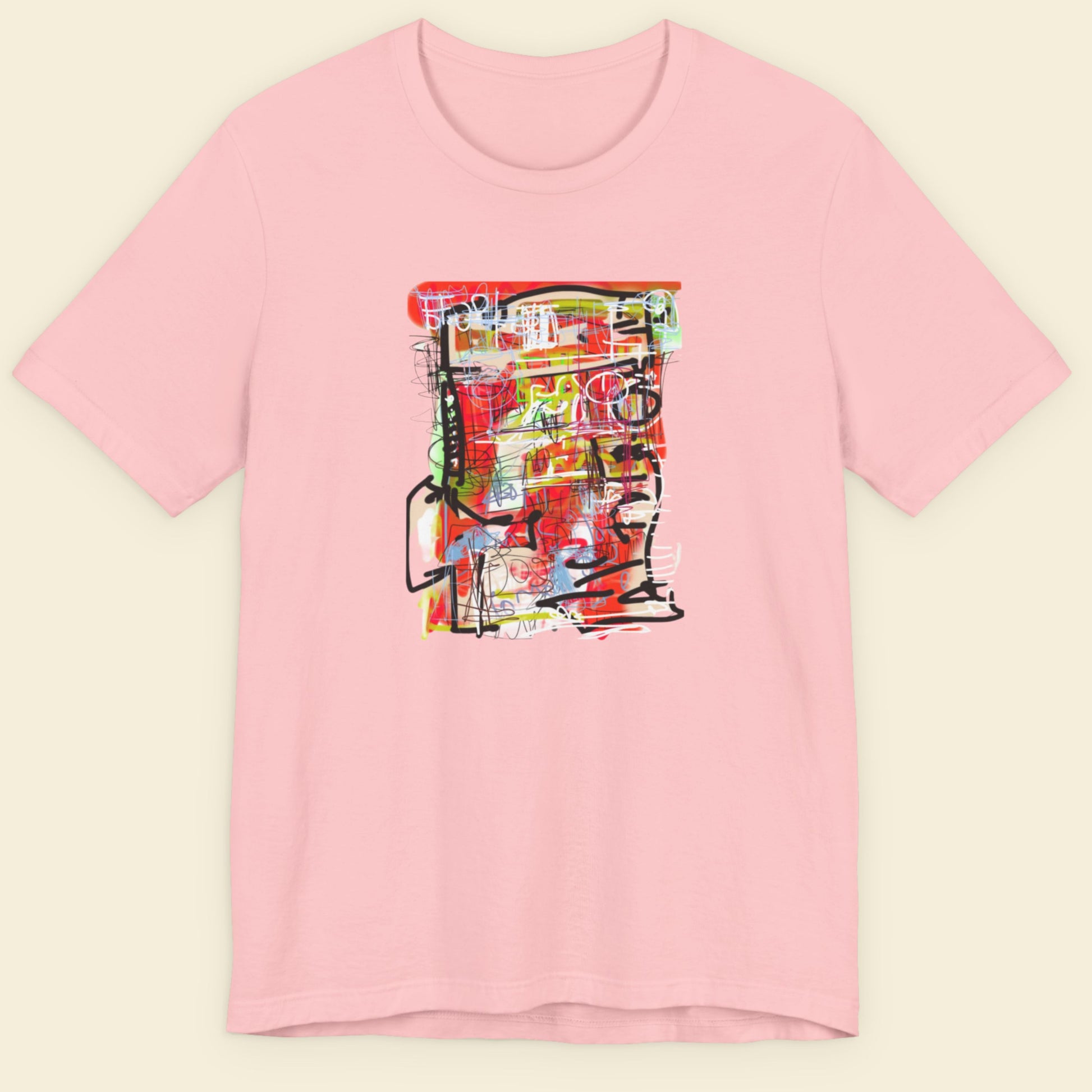 Pink t-shirt with colorful abstract design on a beige background.