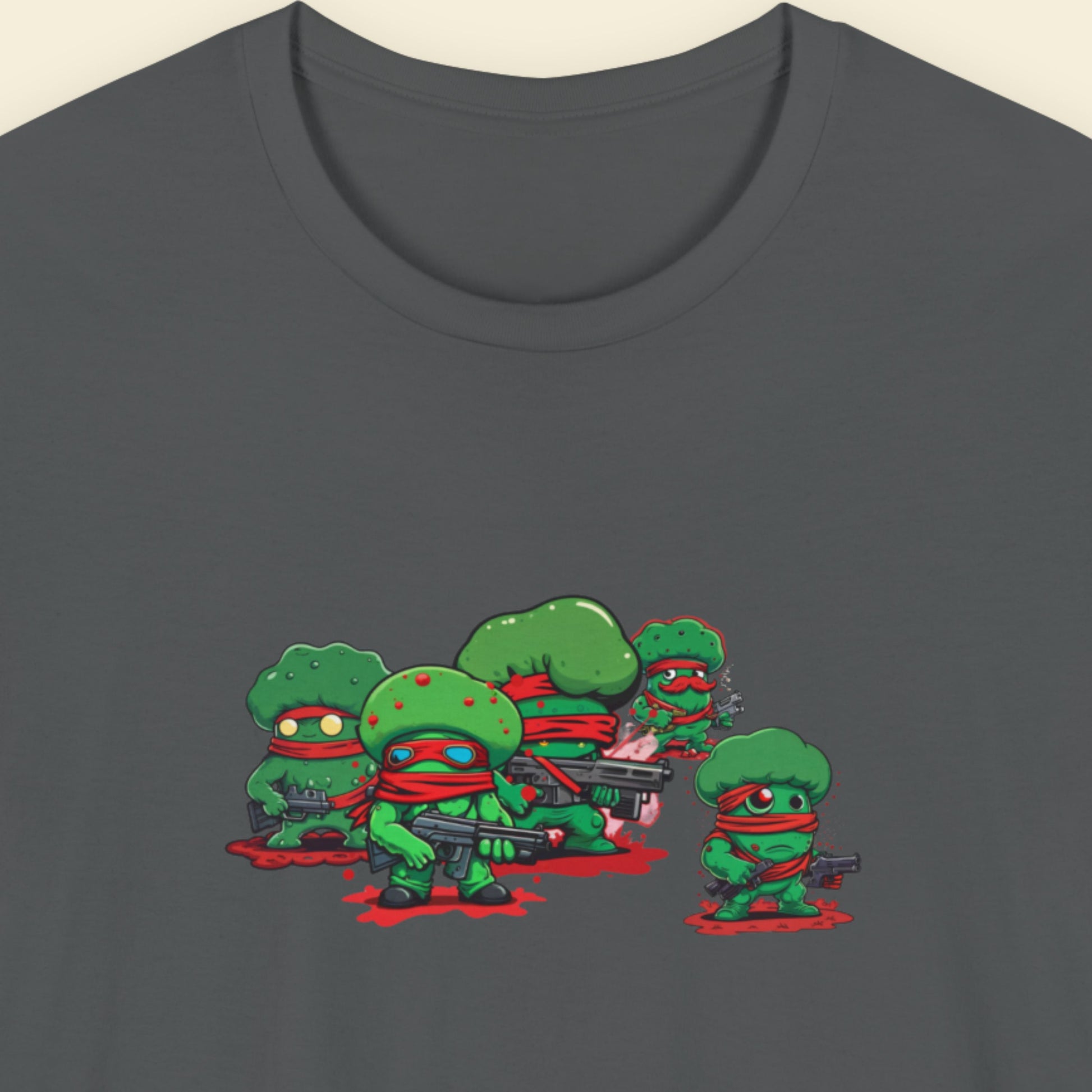Grey shirt with a drawing of all of the Tough Guys standing in a group on a beige background.