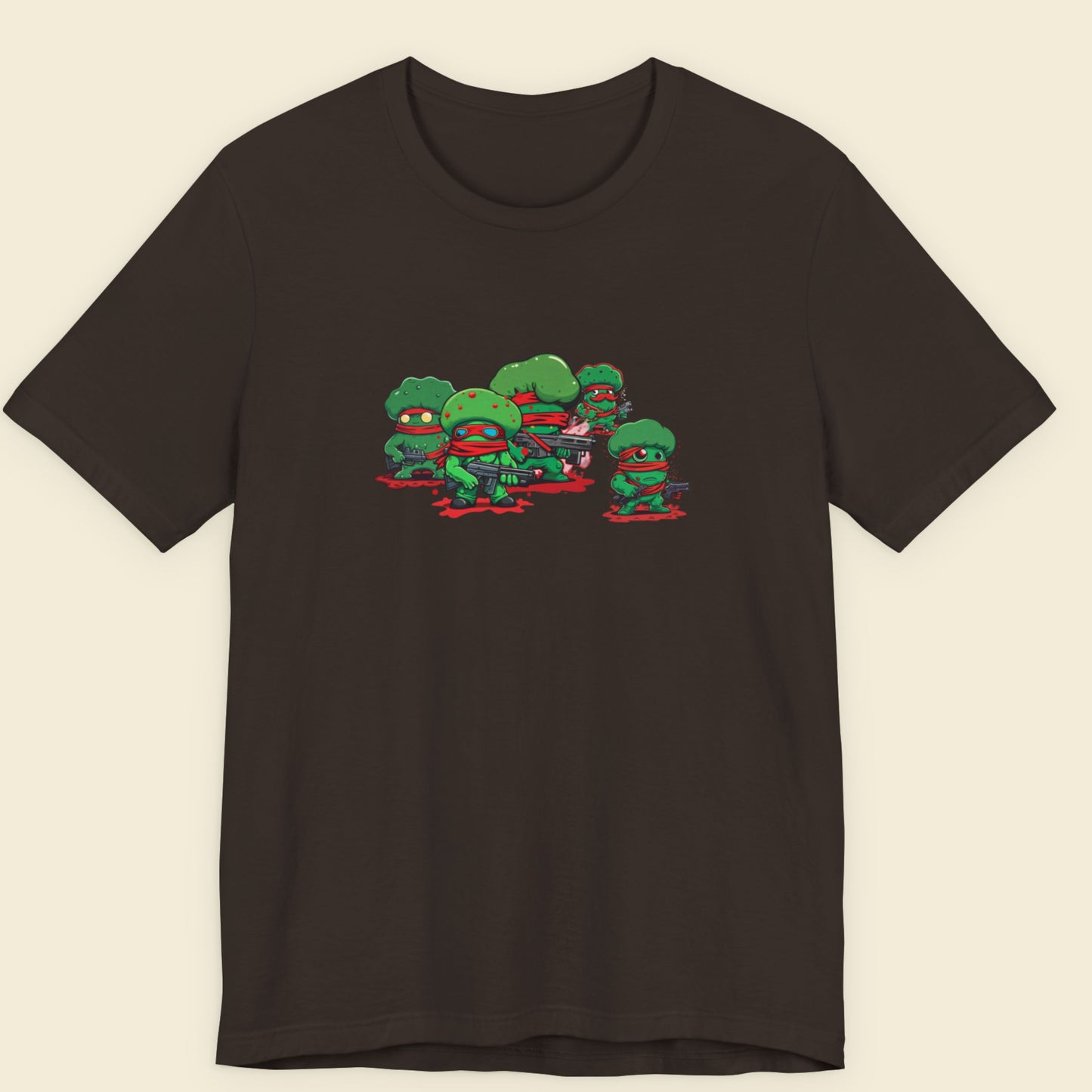 Brown t-shirt with cartoon broccoli design on a beige background