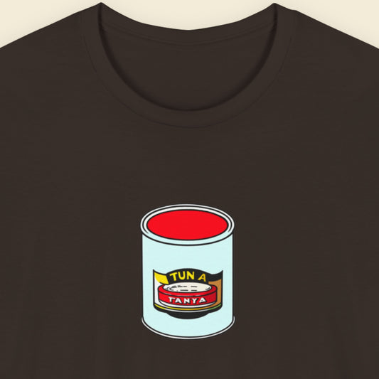 Brown t-shirt with a can of tuna design on a beige background
