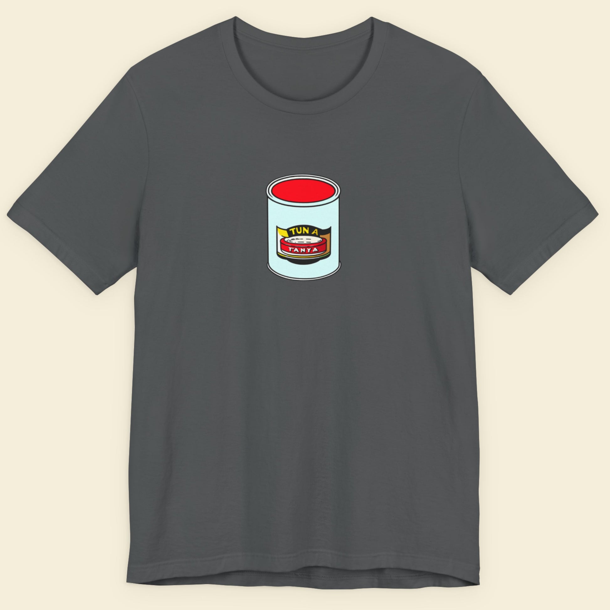 Gray t-shirt with a graphic of a tuna can on a beige background
