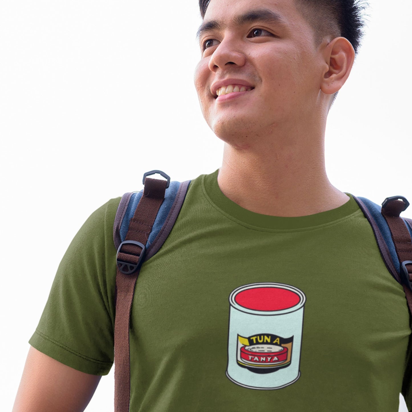man wearing a green shirt with a can of tuna design