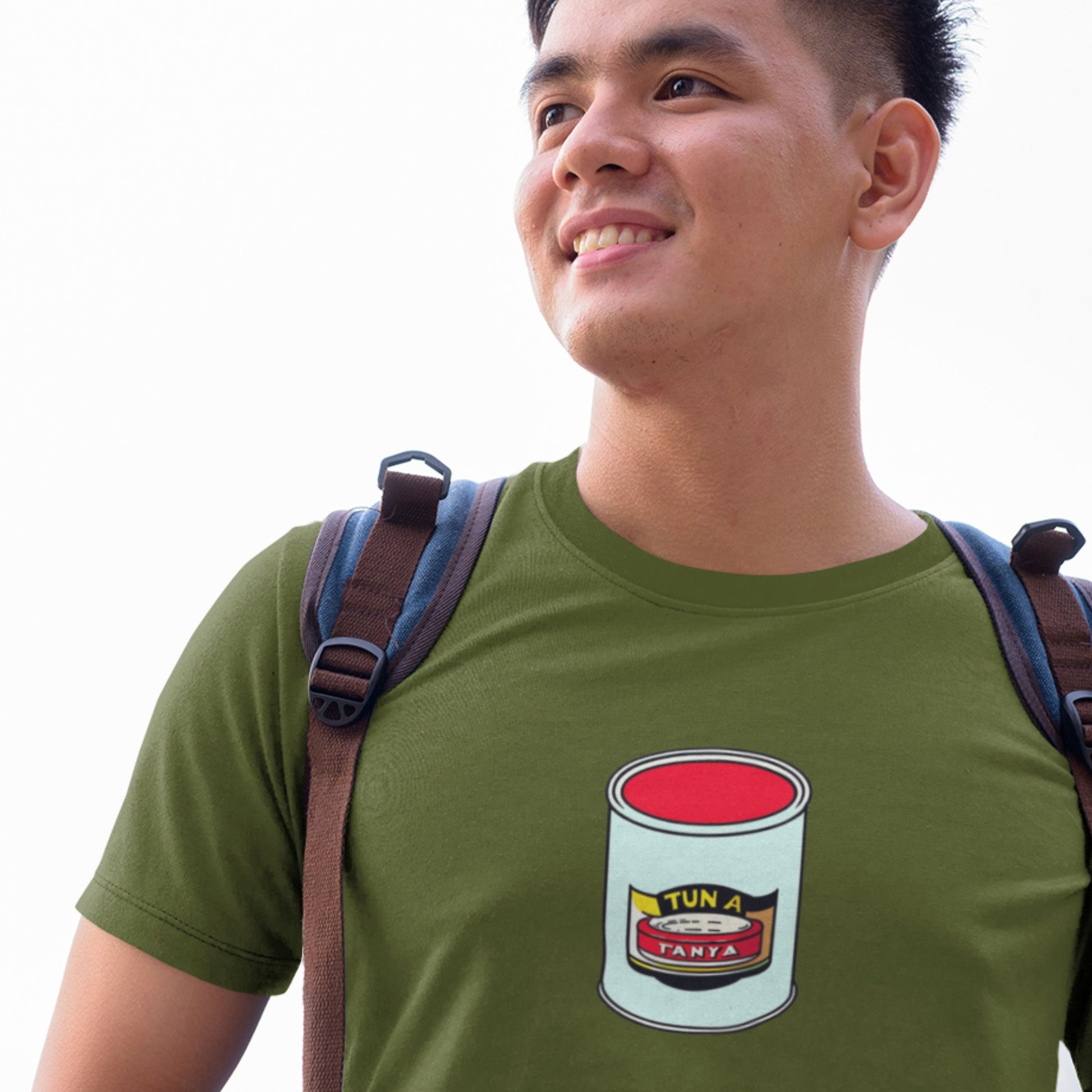 man wearing a green shirt with a can of tuna design